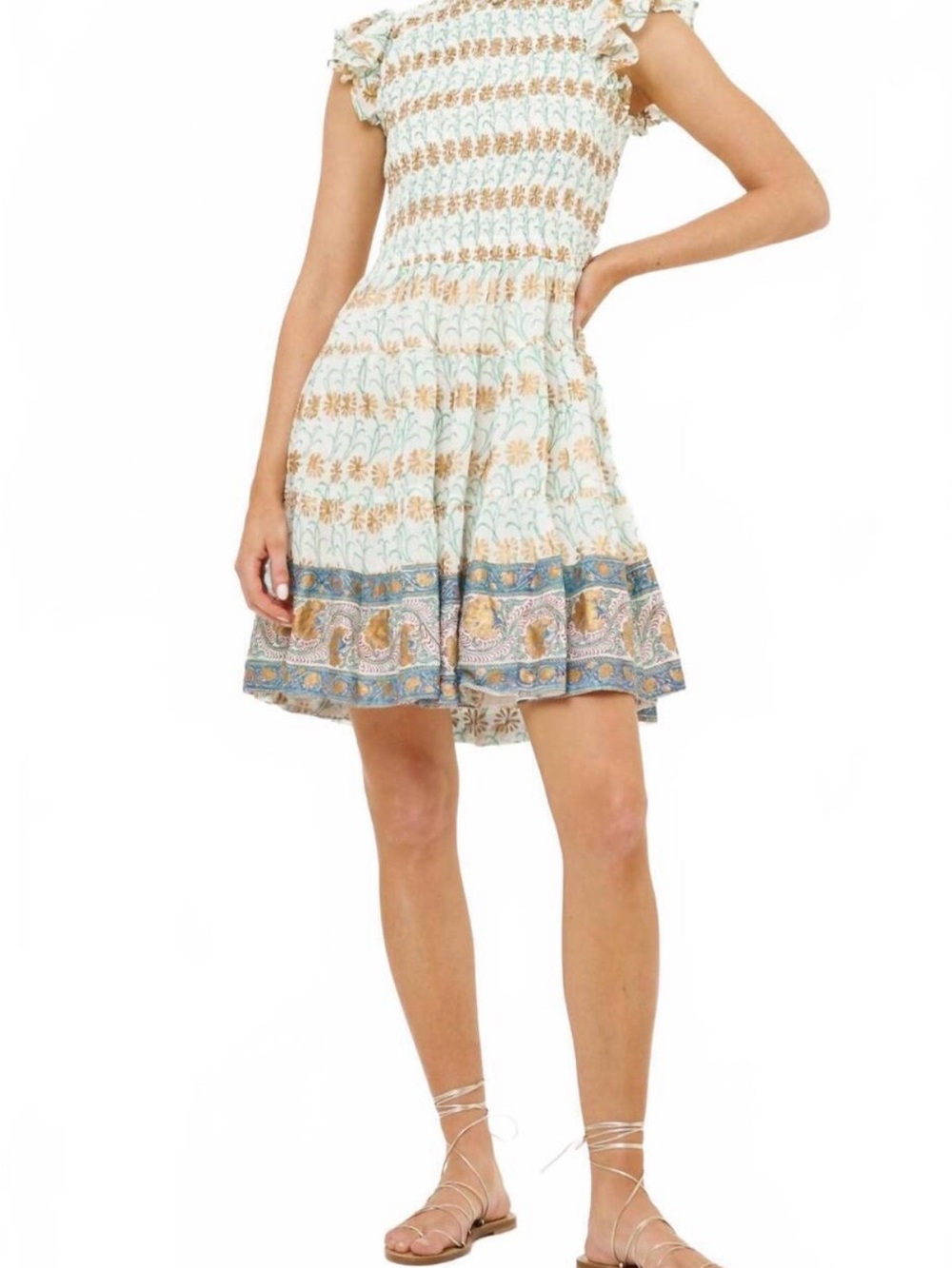 Oliphant Floral Smocked Midi Dress in Cream and Gold